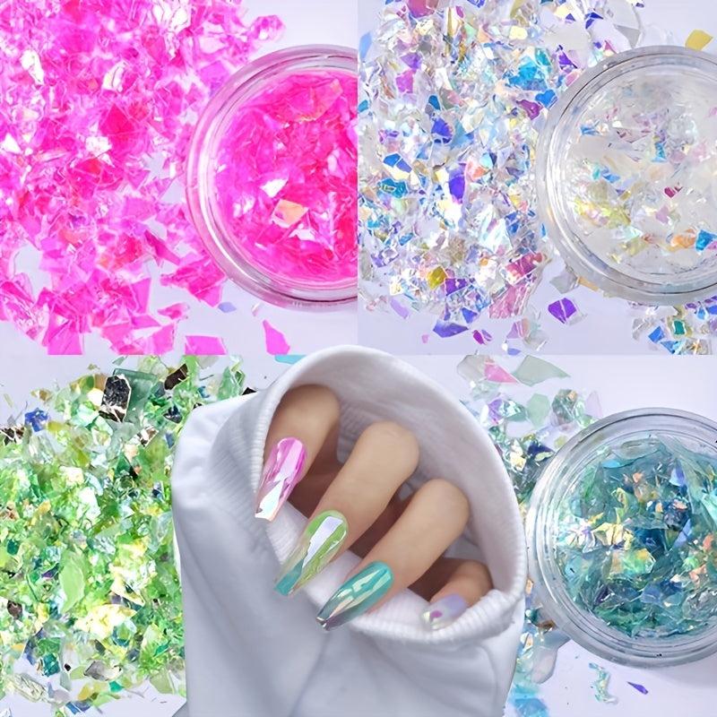 12 Jars Laser Nail Glitter Flakes for DIY Nail Art - Fluorescent Glass Sequins