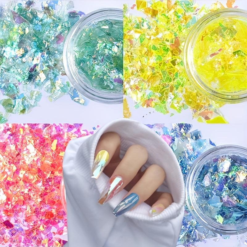 12 Jars Laser Nail Glitter Flakes for DIY Nail Art - Fluorescent Glass Sequins