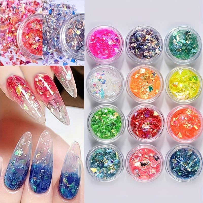 12 Jars Laser Nail Glitter Flakes for DIY Nail Art - Fluorescent Glass Sequins