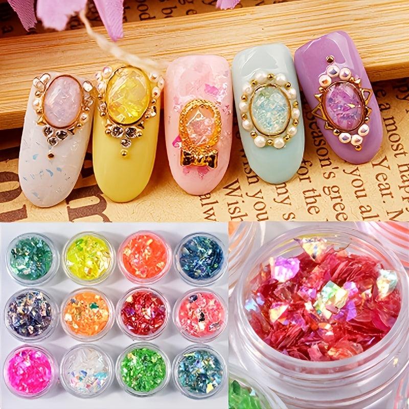 12 Jars Laser Nail Glitter Flakes for DIY Nail Art - Fluorescent Glass Sequins