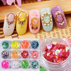 12 Jars Laser Nail Glitter Flakes for DIY Nail Art - Fluorescent Glass Sequins