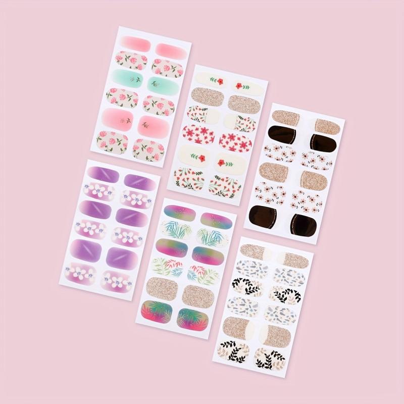 6 Sheets Glitter Nail Art Stickers - Self Adhesive Flower Leaf Nail Gel Strips