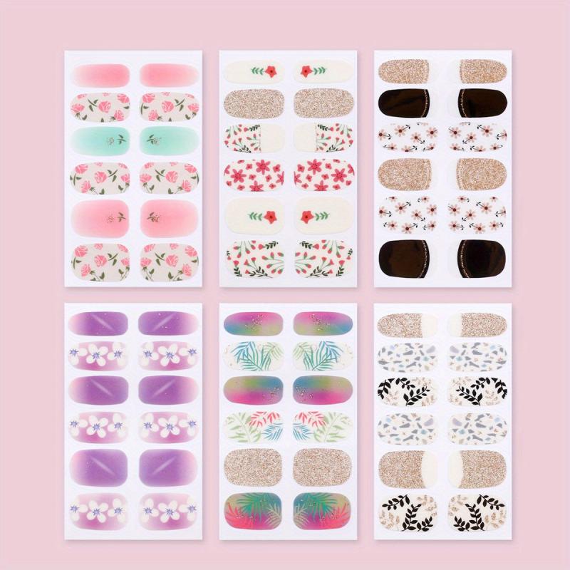6 Sheets Glitter Nail Art Stickers - Self Adhesive Flower Leaf Nail Gel Strips