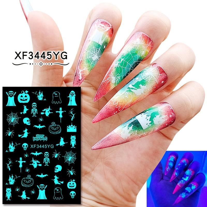 12Pcs Halloween Nail Stickers 3D Self Adhesive Luminous Nail Art Decals