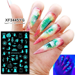 12Pcs Halloween Nail Stickers 3D Self Adhesive Luminous Nail Art Decals