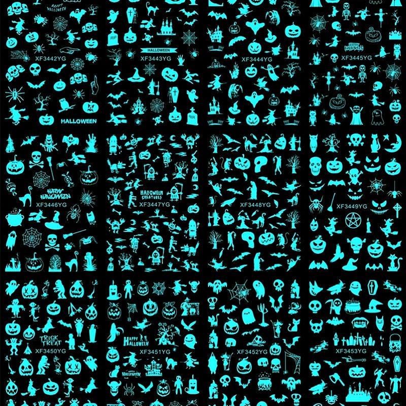 12Pcs Halloween Nail Stickers 3D Self Adhesive Luminous Nail Art Decals