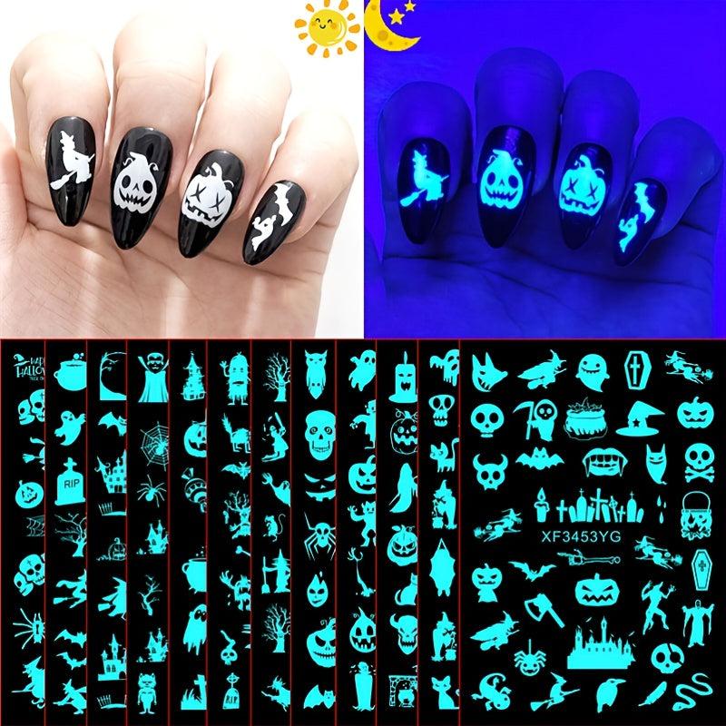 12Pcs Halloween Nail Stickers 3D Self Adhesive Luminous Nail Art Decals
