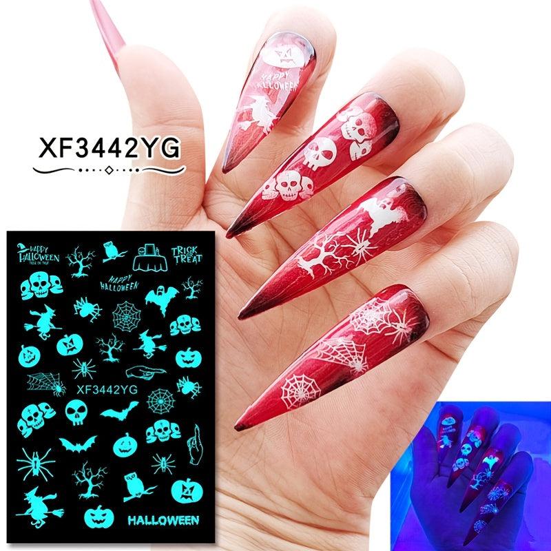 12Pcs Halloween Nail Stickers 3D Self Adhesive Luminous Nail Art Decals