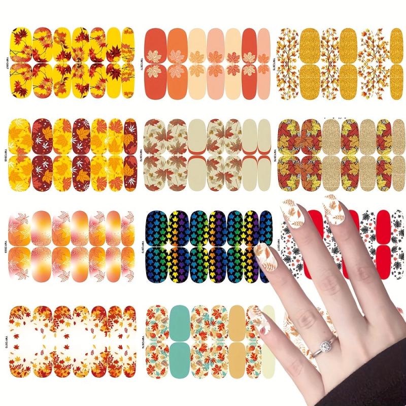 12 Sheets Fall Nail Wraps Stickers Self Adhesive Maple Leaf Nail Art Decals