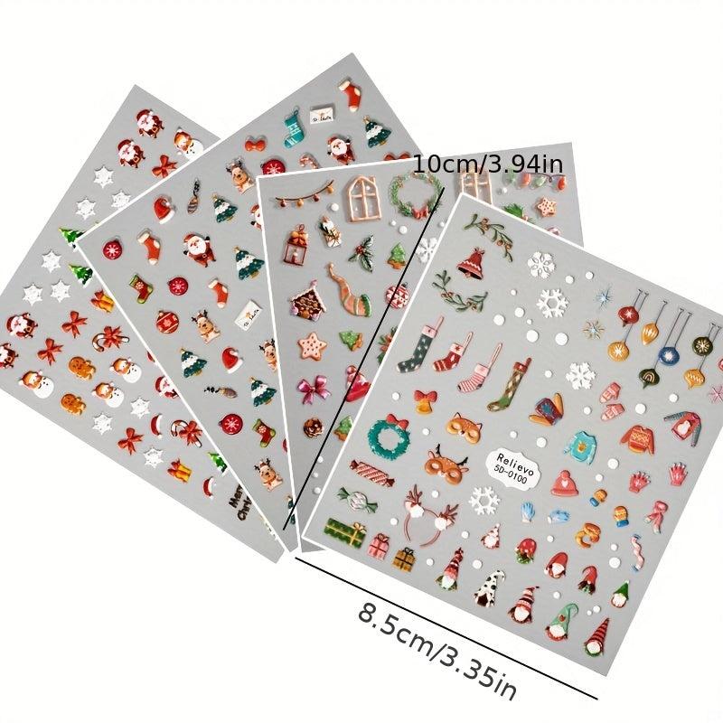 4pcs Christmas 5D Nail Art Stickers Santa Claus Snowflake Elk Decals