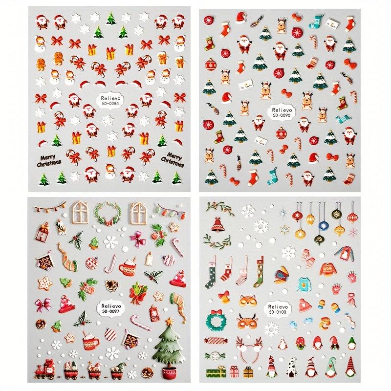 4pcs Christmas 5D Nail Art Stickers Santa Claus Snowflake Elk Decals