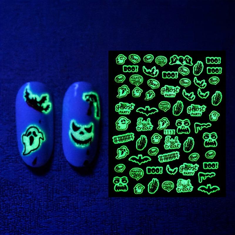 3D Glow in the Dark Halloween Nail Stickers - Skull Pumpkin Ghost