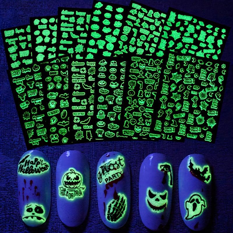 3D Glow in the Dark Halloween Nail Stickers - Skull Pumpkin Ghost