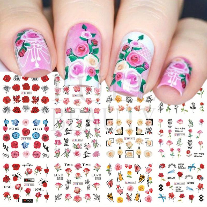 Pink Flower Butterfly Nail Stickers Green Leaves Water Transfer Nail Art Decal