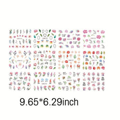 Pink Flower Butterfly Nail Stickers Green Leaves Water Transfer Nail Art Decal