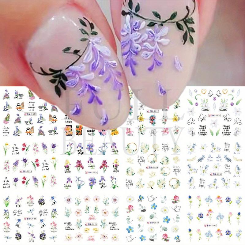 Pink Flower Butterfly Nail Stickers Green Leaves Water Transfer Nail Art Decal