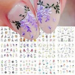 Pink Flower Butterfly Nail Stickers Green Leaves Water Transfer Nail Art Decal