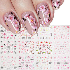 Pink Flower Butterfly Nail Stickers Green Leaves Water Transfer Nail Art Decal