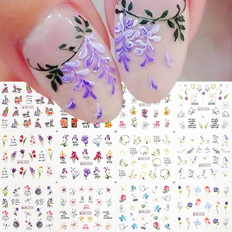 Pink Flower Butterfly Nail Stickers Green Leaves Water Transfer Nail Art Decal