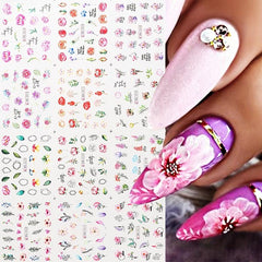 Pink Flower Butterfly Nail Stickers Green Leaves Water Transfer Nail Art Decal