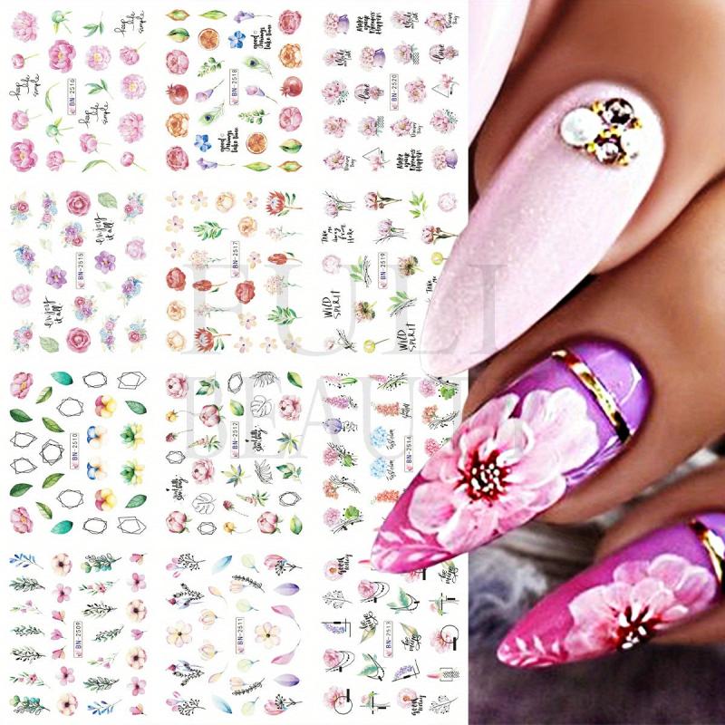 Pink Flower Butterfly Nail Stickers Green Leaves Water Transfer Nail Art Decal