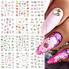 Pink Flower Butterfly Nail Stickers Green Leaves Water Transfer Nail Art Decal