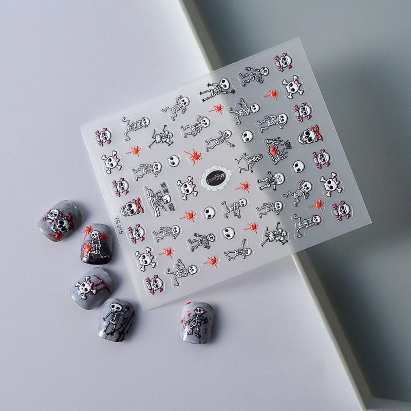 5D Embossed Halloween Nail Art Stickers with Blood Drop Decals and Skull Designs
