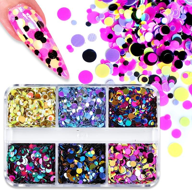 Y2K 6 Grids Nail Art Sequins Red Yellow Pink Love Round Glitter Flakes
