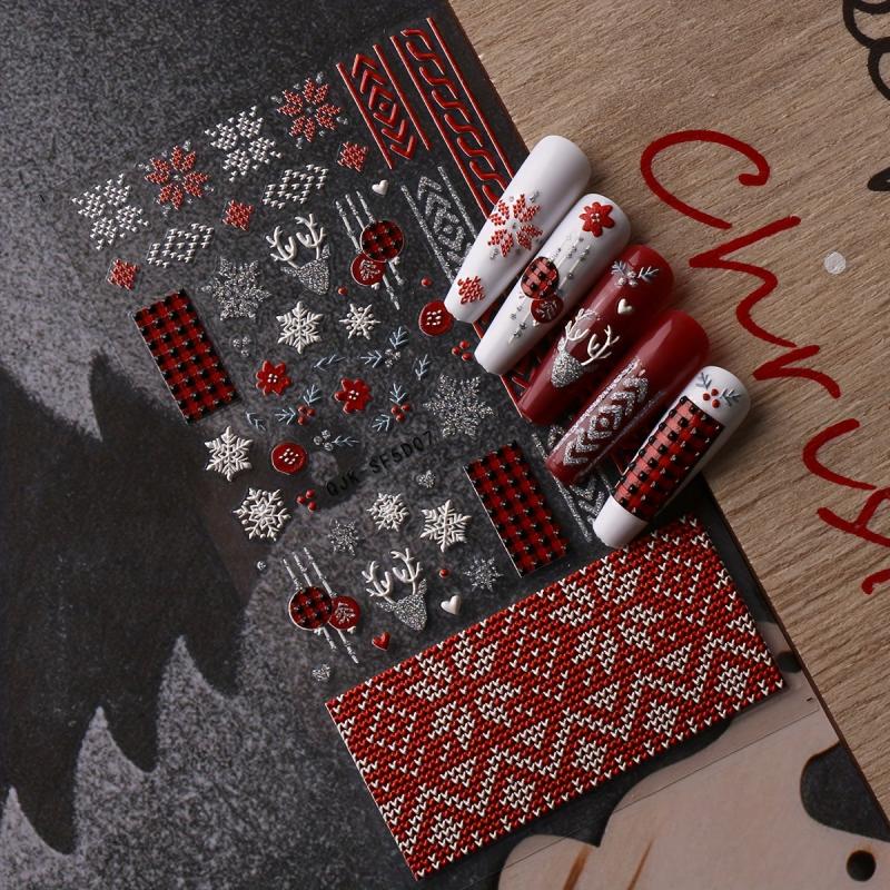 5D Embossed Christmas Nail Stickers Snowflake Elk Snowflake Nail Decals