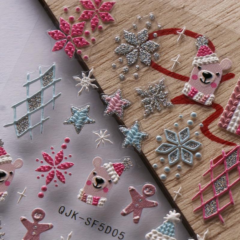 5D Embossed Christmas Nail Stickers Snowflake Elk Snowflake Nail Decals