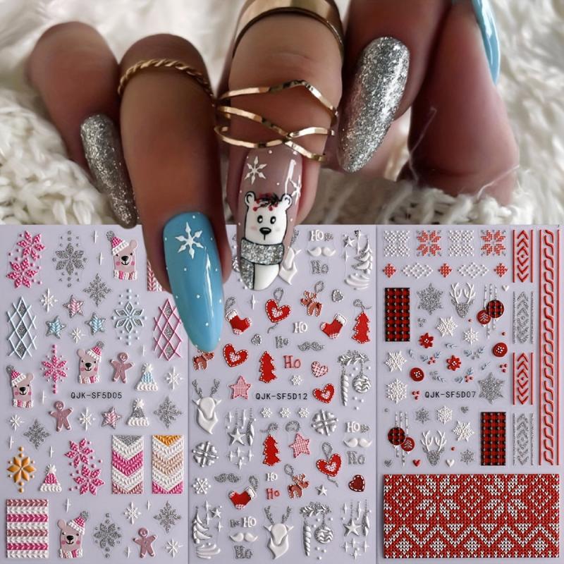 5D Embossed Christmas Nail Stickers Snowflake Elk Snowflake Nail Decals