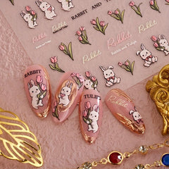 3D Embossed Rabbit Tulip Nail Stickers - Self Adhesive Bunny Nail Decals