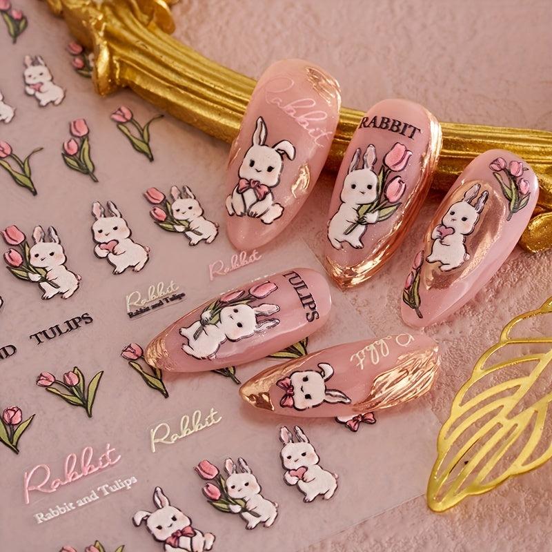 3D Embossed Rabbit Tulip Nail Stickers - Self Adhesive Bunny Nail Decals