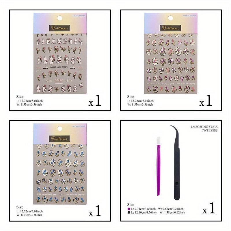 3D Embossed Rabbit Tulip Nail Stickers - Self Adhesive Bunny Nail Decals