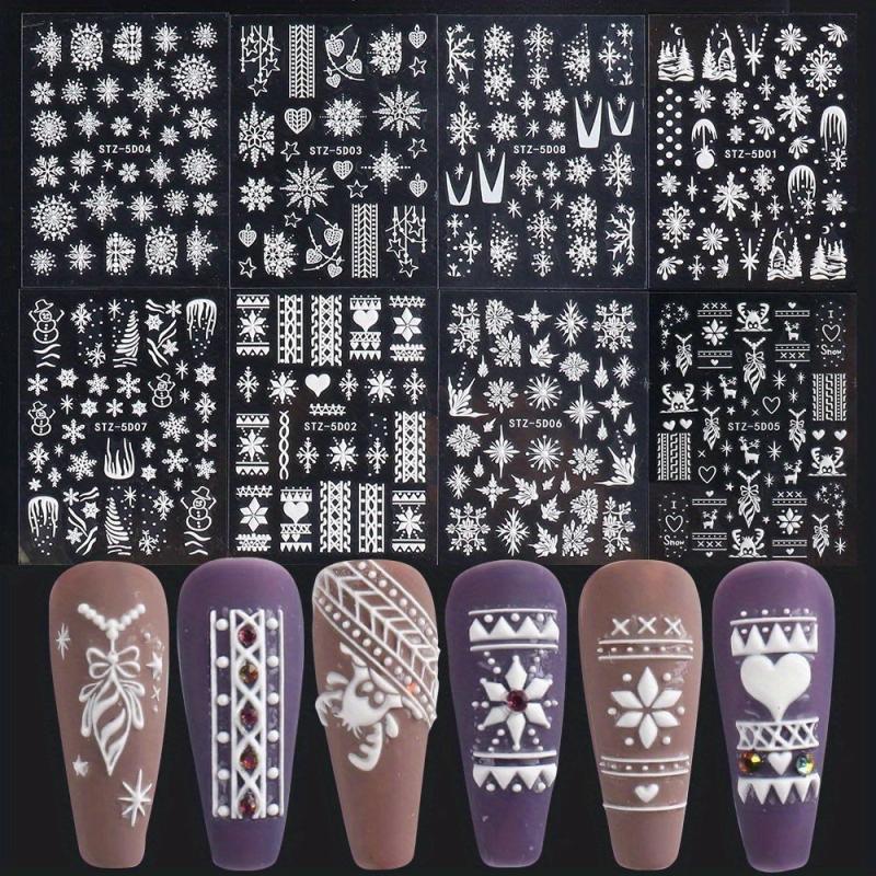 8 Pcs 5D Christmas Snowflake Snowman Nail Art Stickers