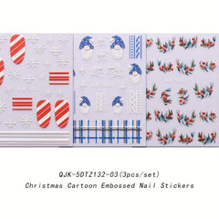 3 Sheets 5D Embossed Xmas Nail Art Stickers Snowflake Decals