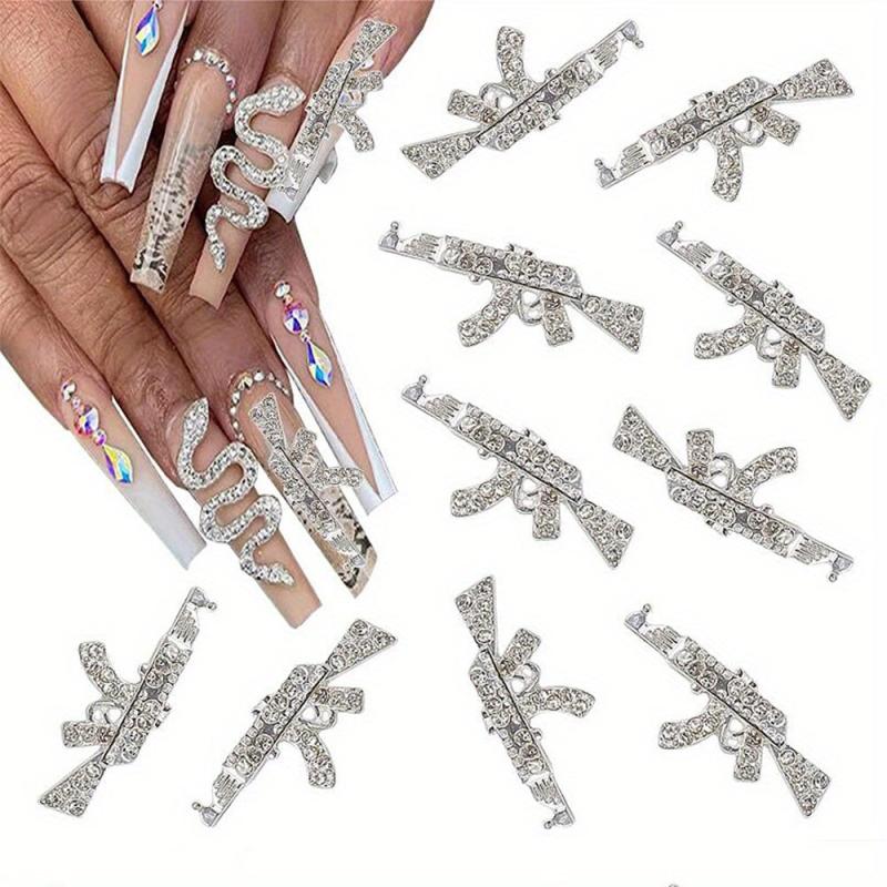 5pcs Gun Nail Art Charms With Rhinestones 3D Alloy AK Shape Nail Gem Accessories
