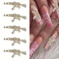 5pcs Gun Nail Art Charms With Rhinestones 3D Alloy AK Shape Nail Gem Accessories