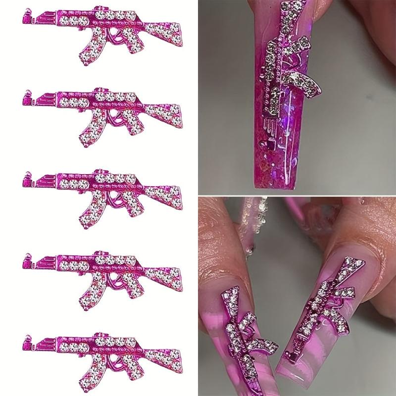 5pcs Gun Nail Art Charms With Rhinestones 3D Alloy AK Shape Nail Gem Accessories