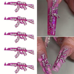 5pcs Gun Nail Art Charms With Rhinestones 3D Alloy AK Shape Nail Gem Accessories