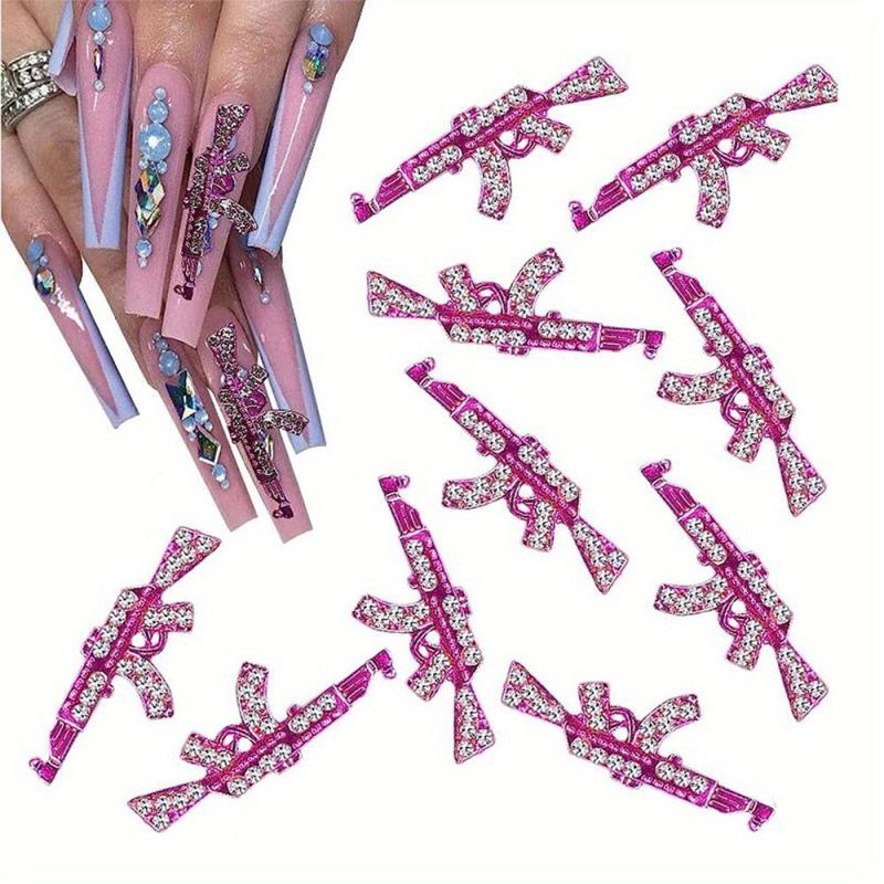 5pcs Gun Nail Art Charms With Rhinestones 3D Alloy AK Shape Nail Gem Accessories