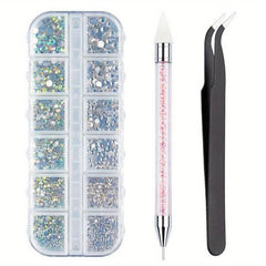 1500 Pcs AB Glass Flat Rhinestones With Twizzers Mixed Sizes For DIY Crafts