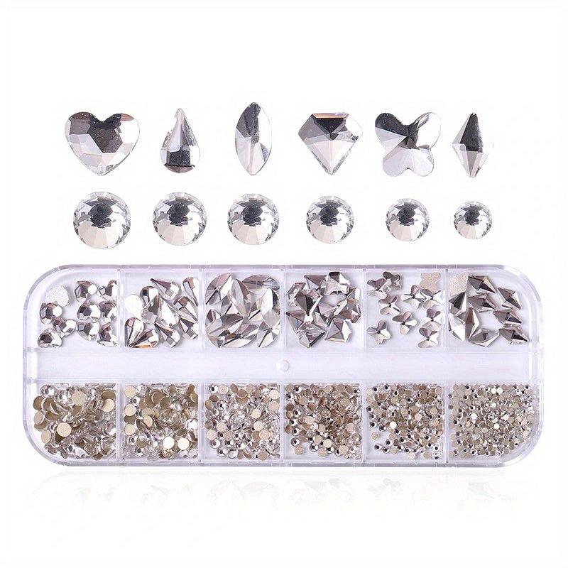 12 Girds Nail Art Rhinestones 3D Flat Back Beads Glass Gems for Nail Crafts
