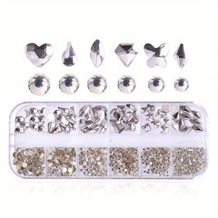 12 Girds Nail Art Rhinestones 3D Flat Back Beads Glass Gems for Nail Crafts
