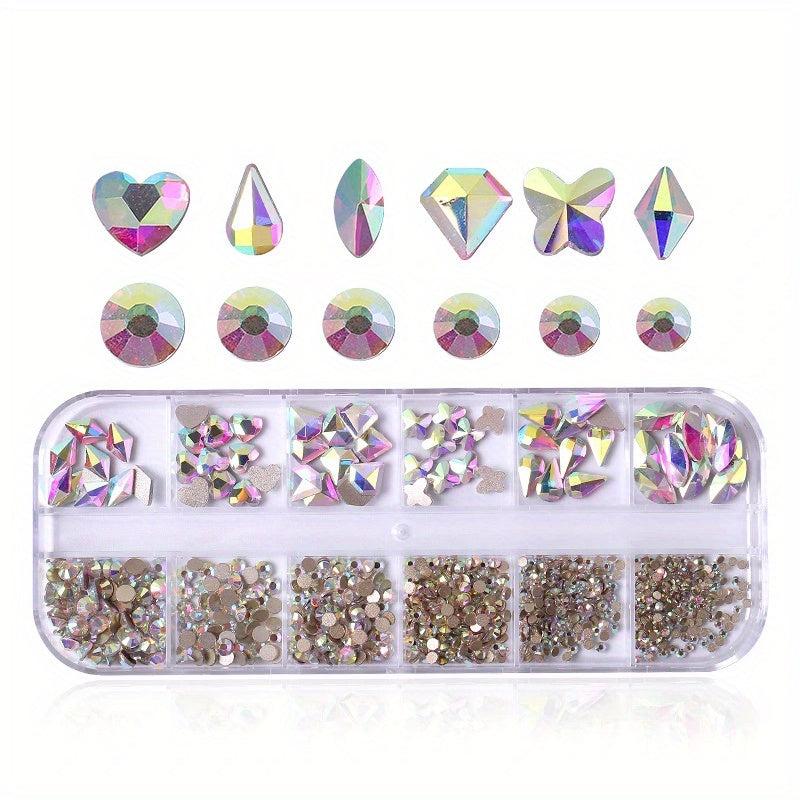 12 Girds Nail Art Rhinestones 3D Flat Back Beads Glass Gems for Nail Crafts