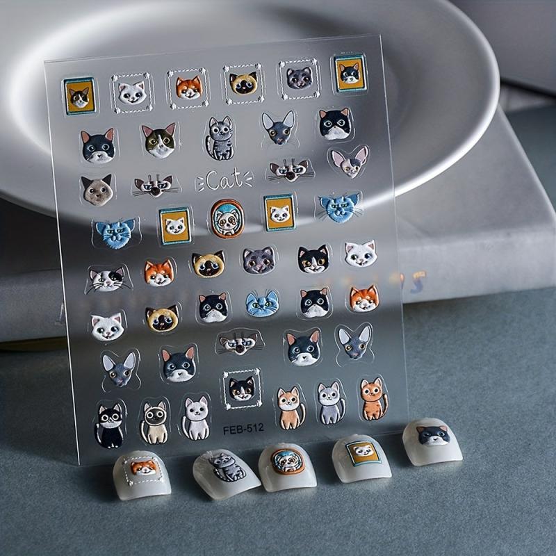 5D Embossed Cartoon Puppy Cat Nail Art Stickers - Self Adhesive Nail Decals