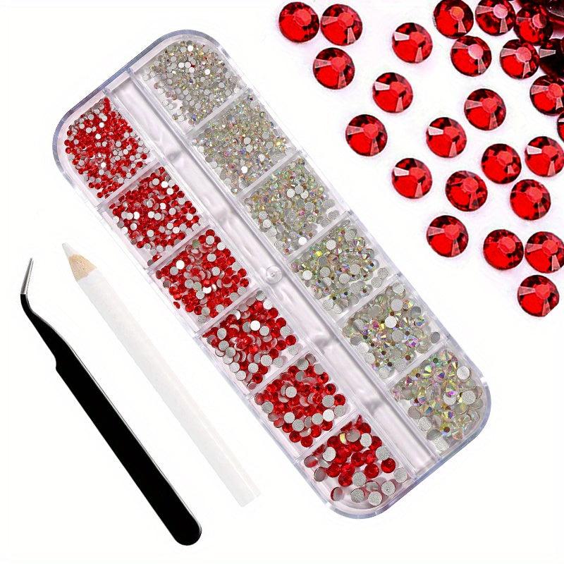 12 Grids Red Nail Rhinestones for Nails Makeup