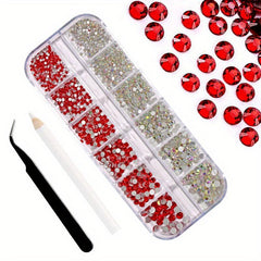 12 Grids Red Nail Rhinestones for Nails Makeup