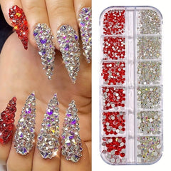 12 Grids Red Nail Rhinestones for Nails Makeup