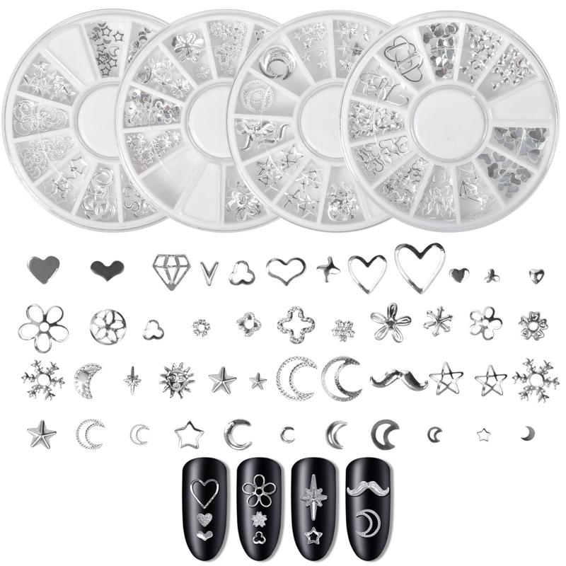 4 Boxes Metal Silver Nail Charms Nail Studs 3D Nail Art Jewelry Decoration